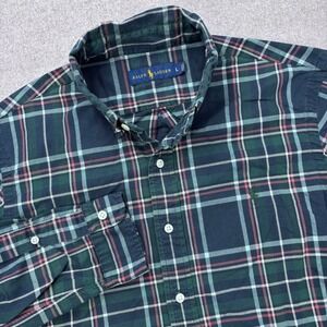 Polo Ralph Lauren Brushed Cotton Shirt Mens L Blue Green Plaid Classic Preppy